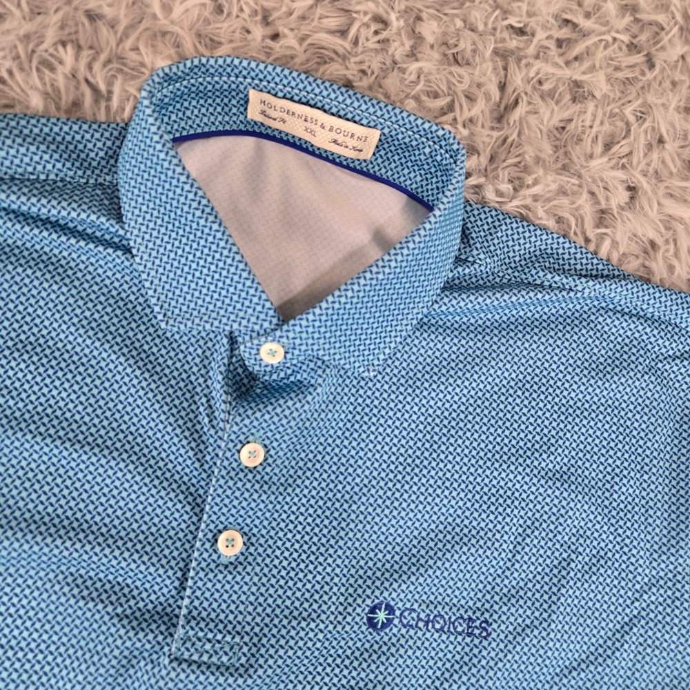 Holderness‎ & Bourne Mens XXL Blue Geometric Tailored Fit Performance Polo Shirt